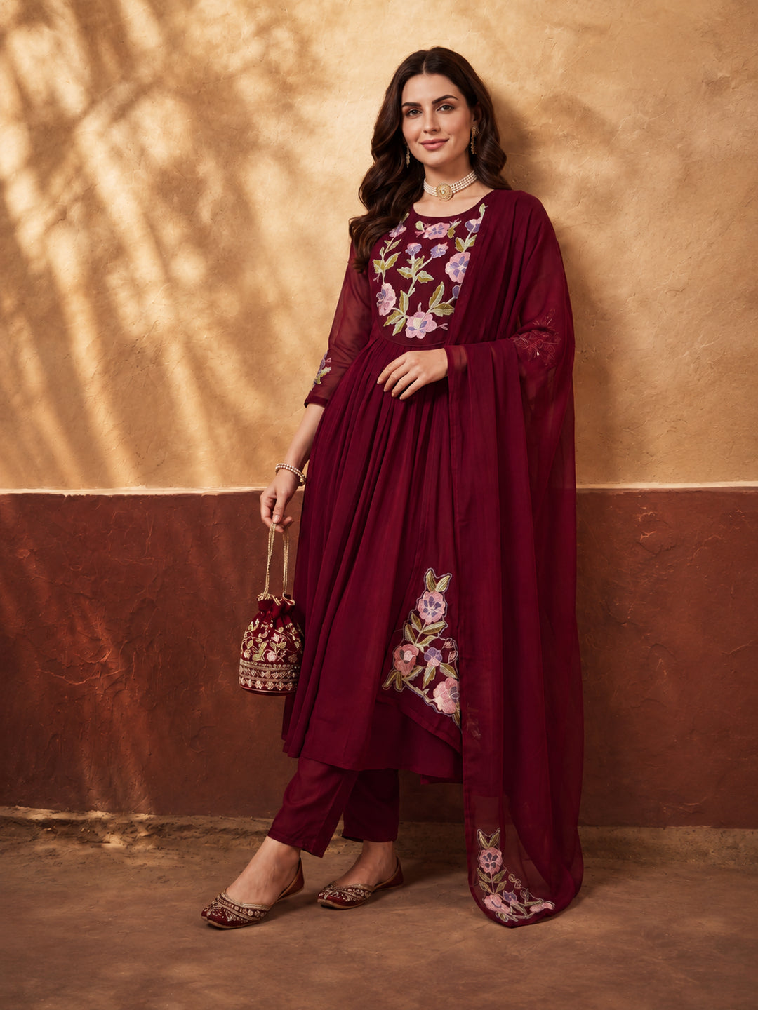 Women's Maroon Floral Embroidered Anarkali Kurta Set with Dupatta | Festive Ethnic Suit