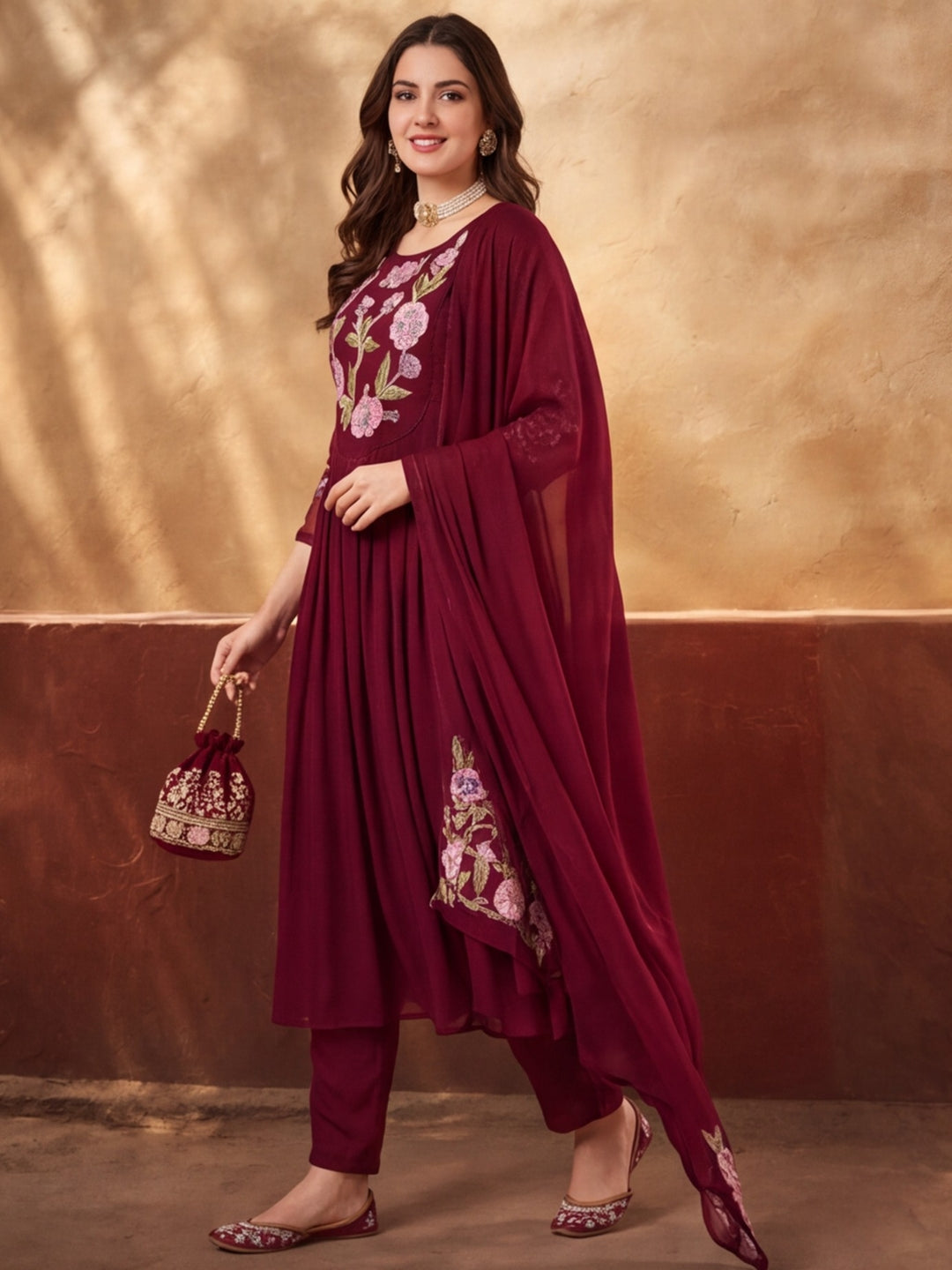 Women's Maroon Floral Embroidered Anarkali Kurta Set with Dupatta | Festive Ethnic Suit