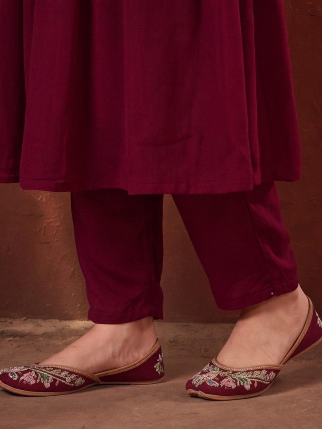 Women's Maroon Floral Embroidered Anarkali Kurta Set with Dupatta | Festive Ethnic Suit