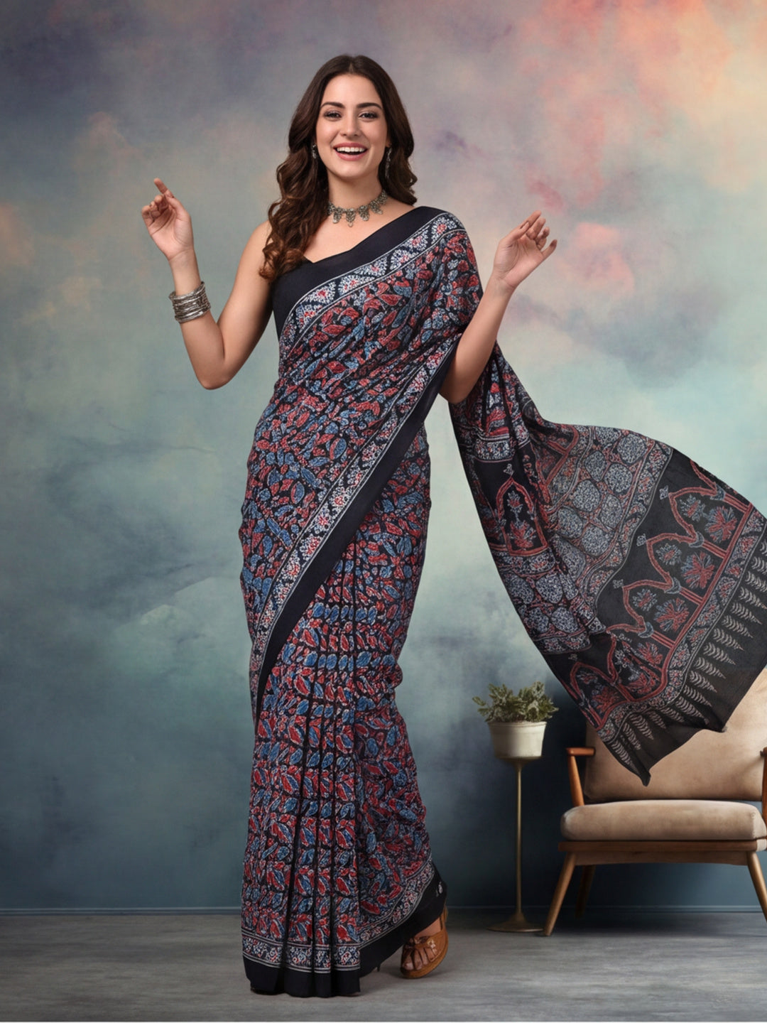 Floral Pure Cotton Saree with Unstiched Blouse