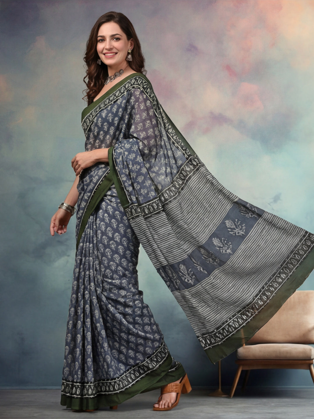 Floral Pure Cotton Saree with Unstiched Blouse