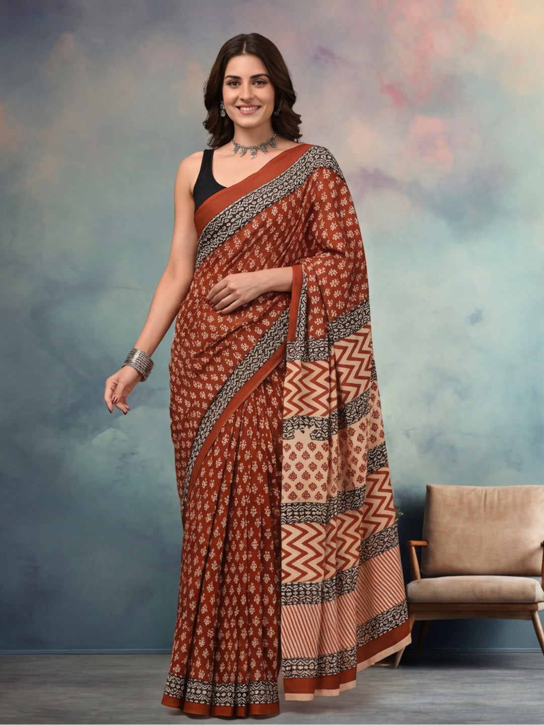 Geometric Pure Cotton Saree with Unstiched Blouse