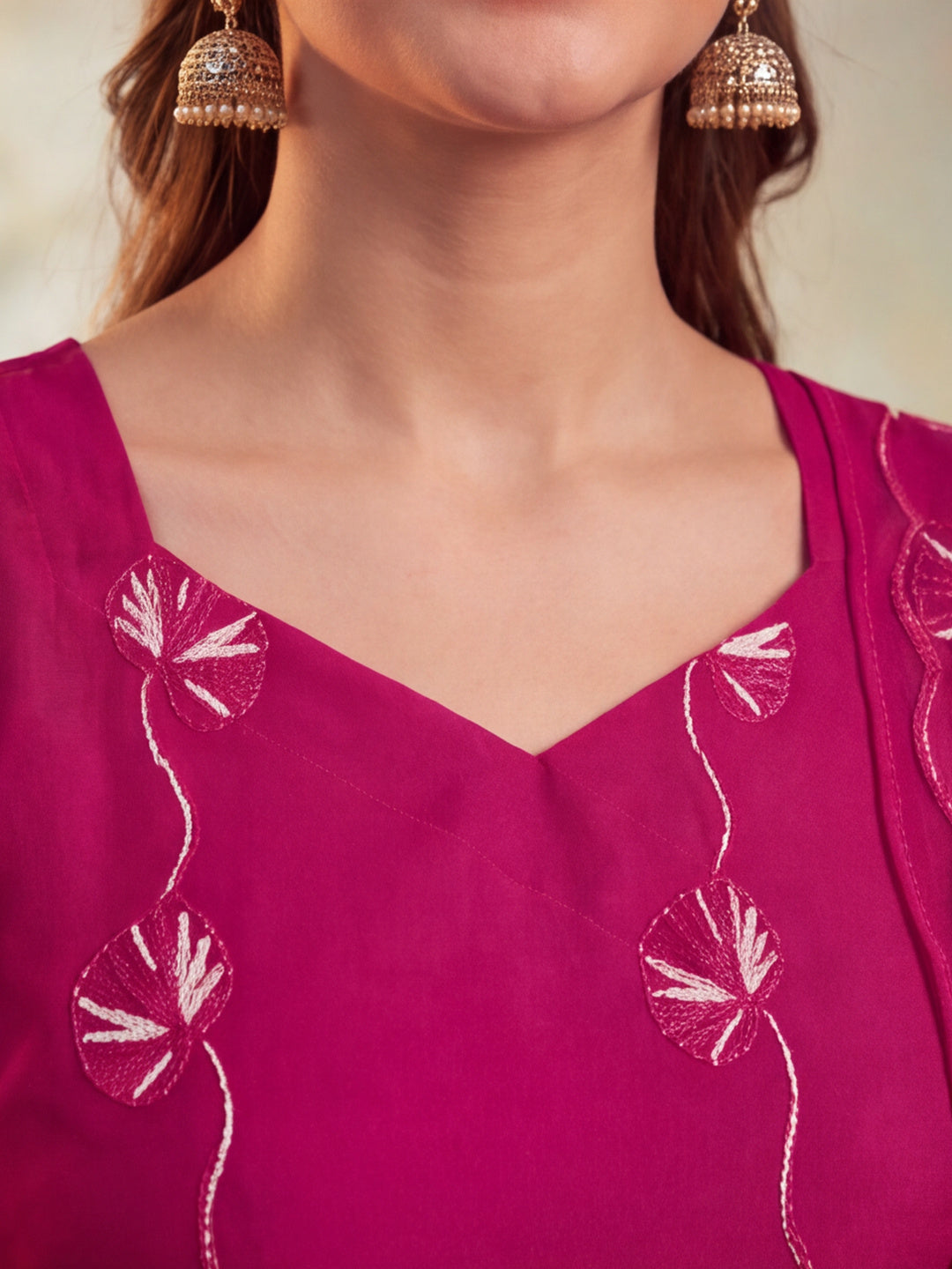 Women Floral Embroidery Rani Pink Kurta Set with Dupatta