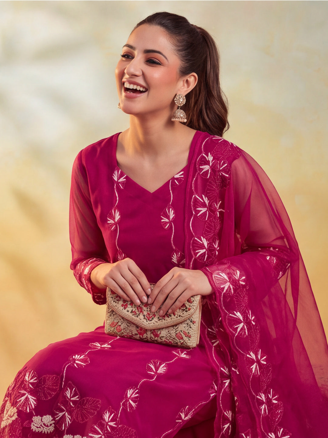 Women Floral Embroidery Rani Pink Kurta Set with Dupatta