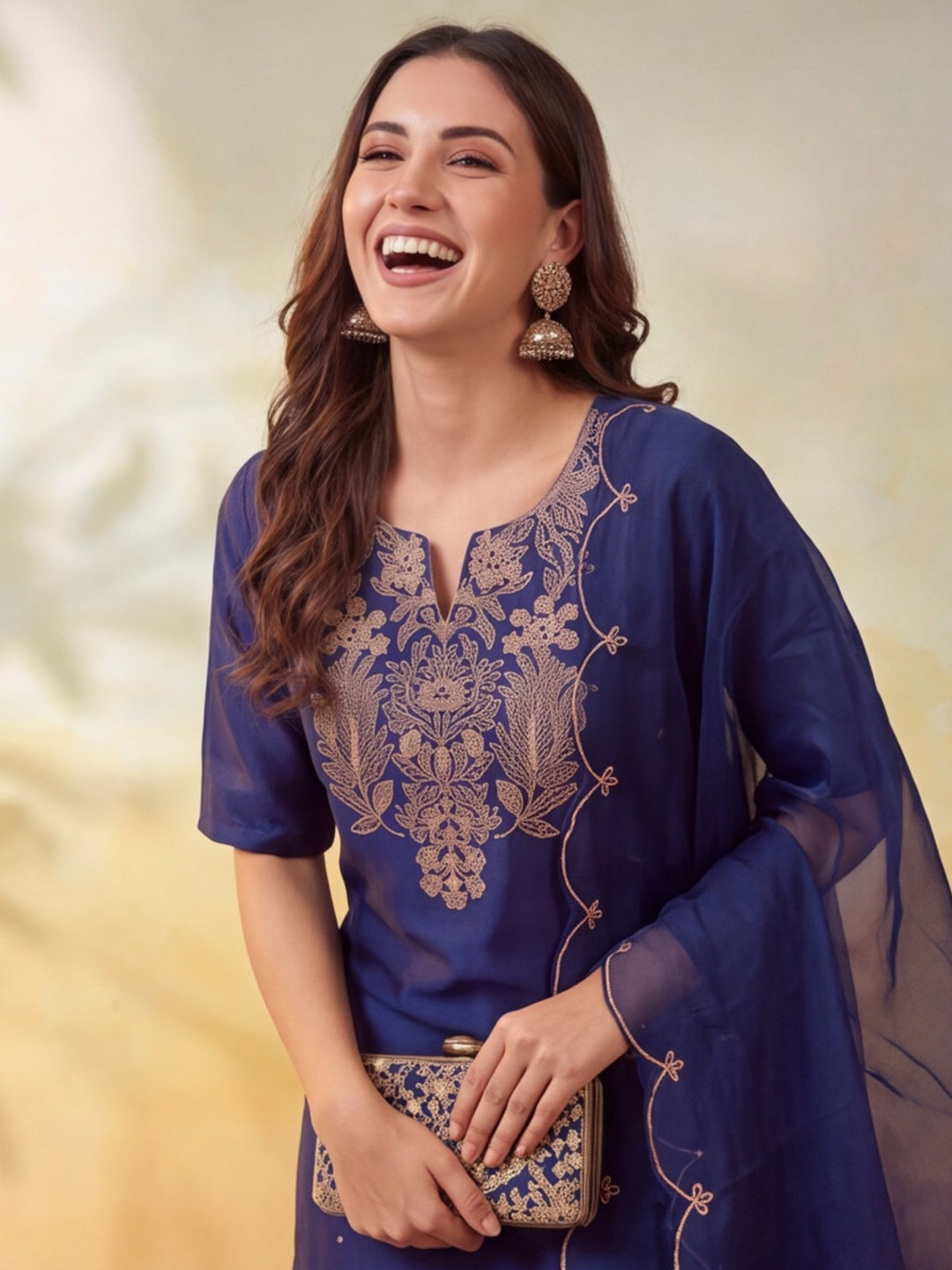 Women Embroidery Navy Blue Kurta Set with Dupatta