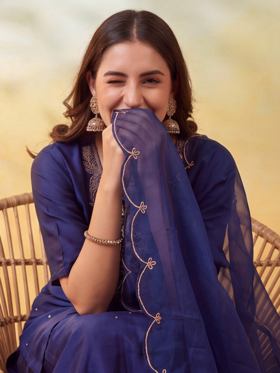 Women Embroidery Navy Blue Kurta Set with Dupatta