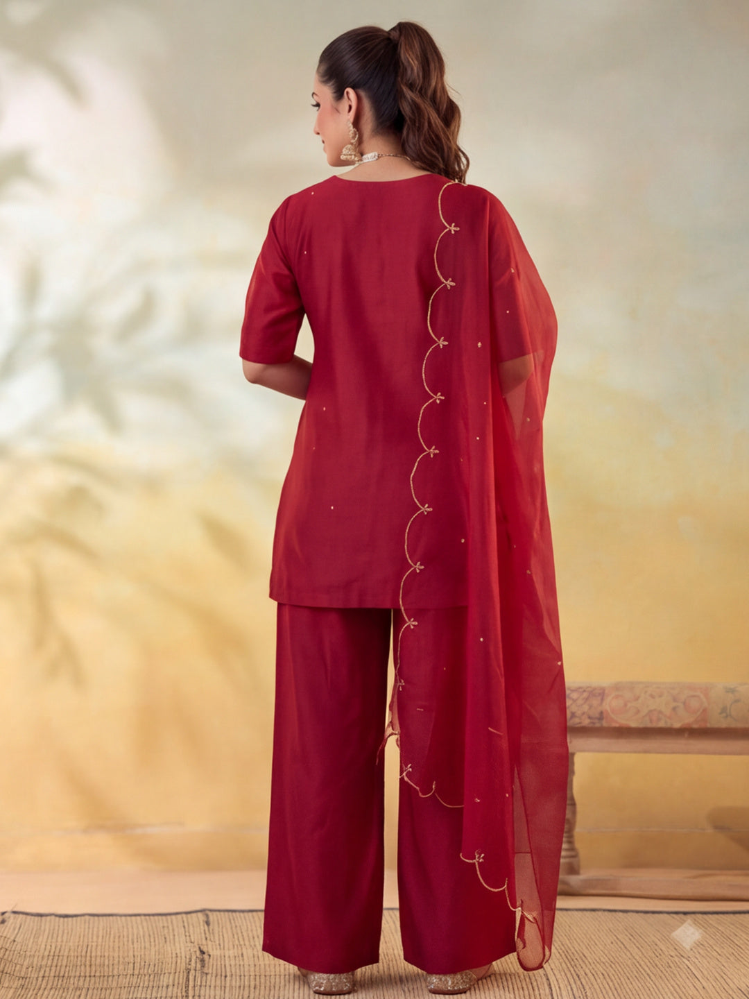 Women Embroidery Maroon Kurta Set with Dupatta