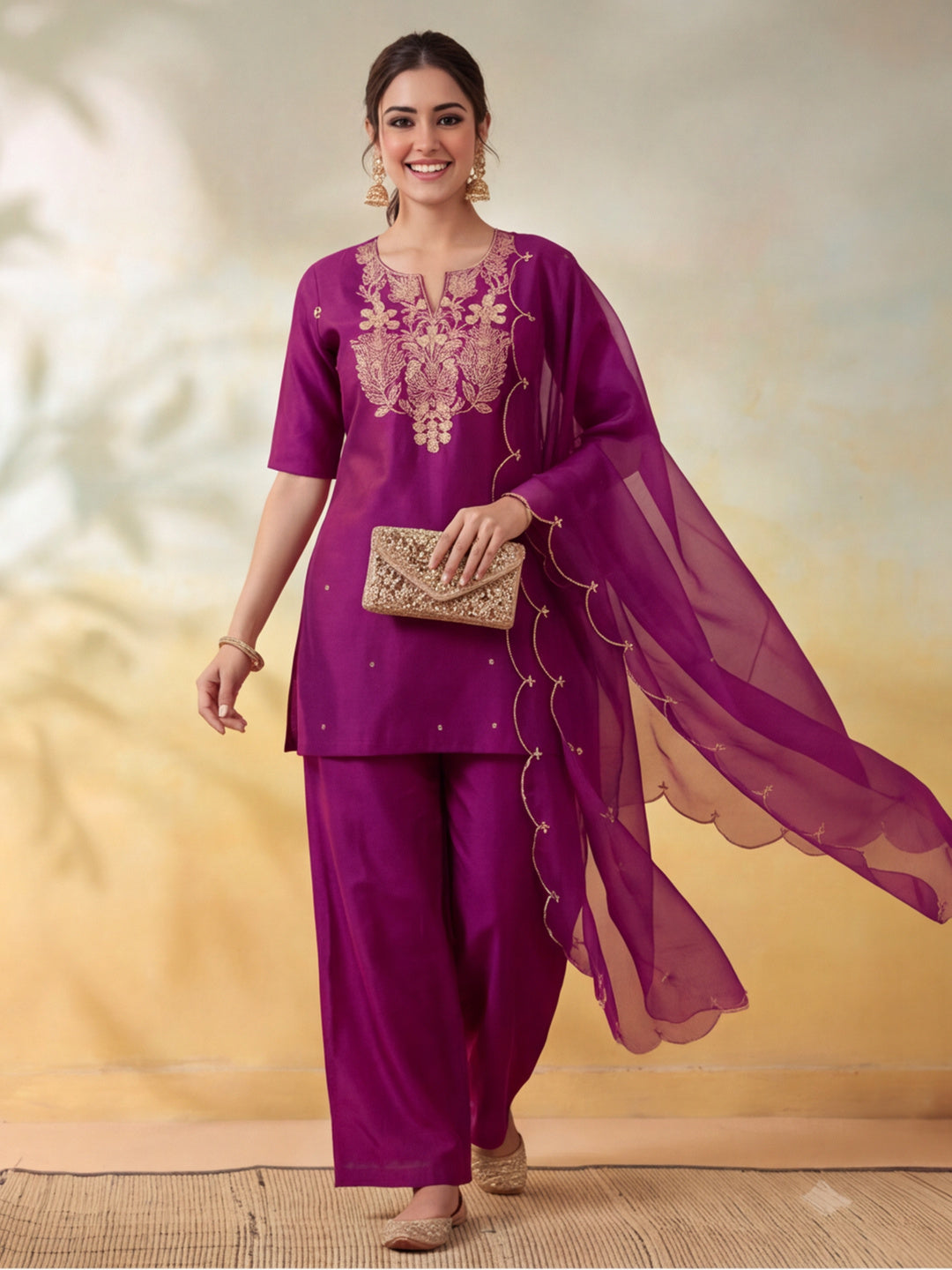 Women Embroidery Purple Kurta Set with Dupatta