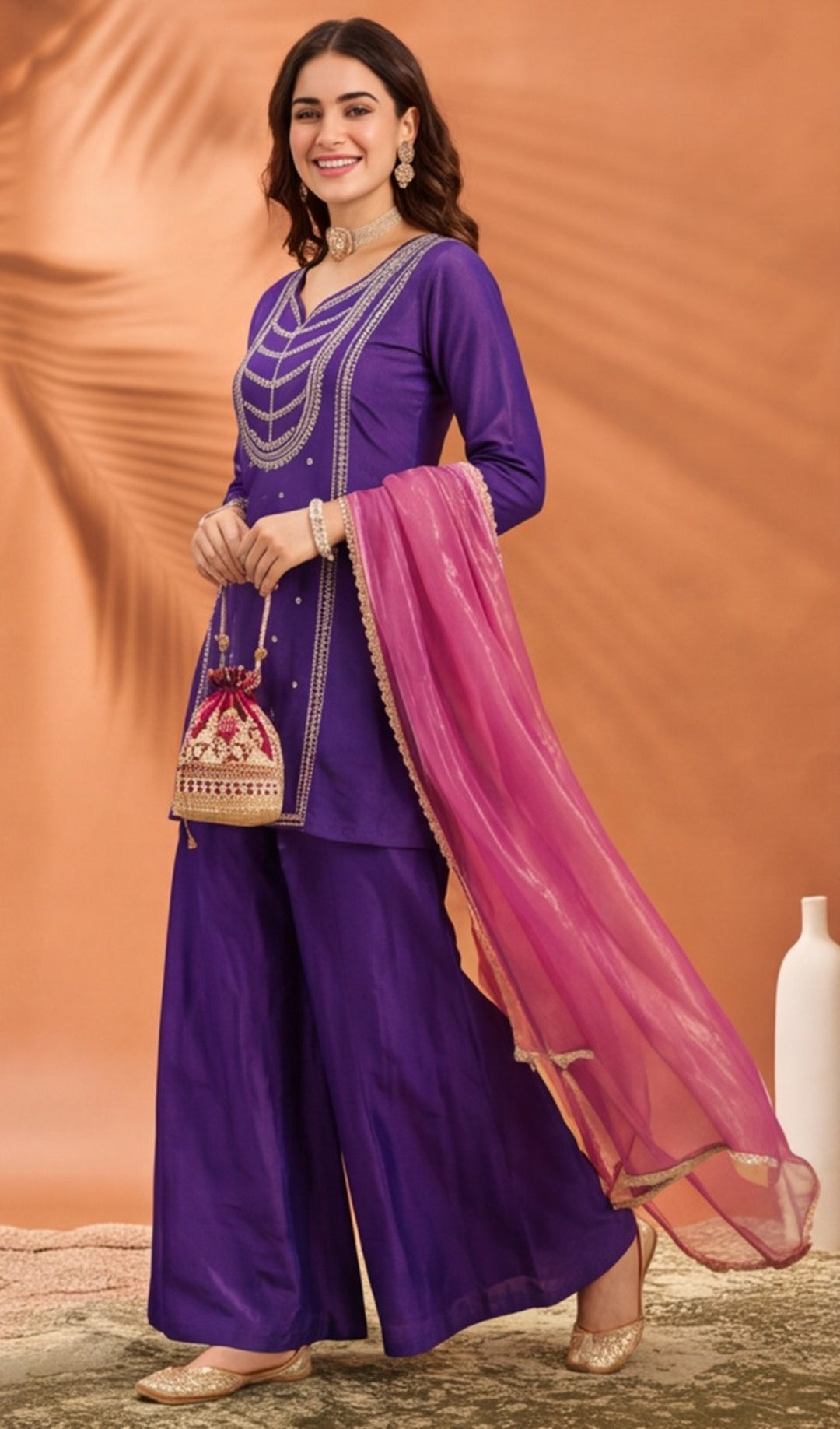 Women's Purple Embroidered Kurta Palazzo Set with Dupatta | Festive Ethnic Party Wear Suit