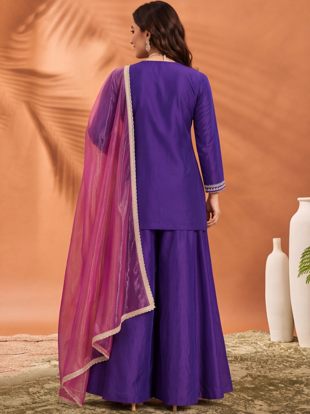 Women's Purple Embroidered Kurta Palazzo Set with Dupatta | Festive Ethnic Party Wear Suit