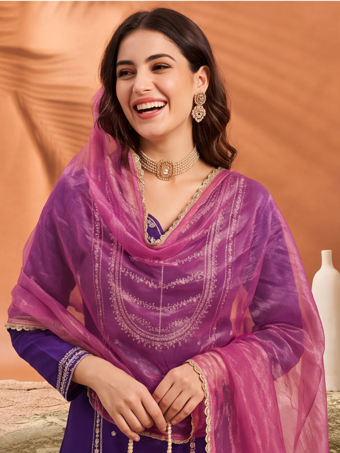 Women's Purple Embroidered Kurta Palazzo Set with Dupatta | Festive Ethnic Party Wear Suit