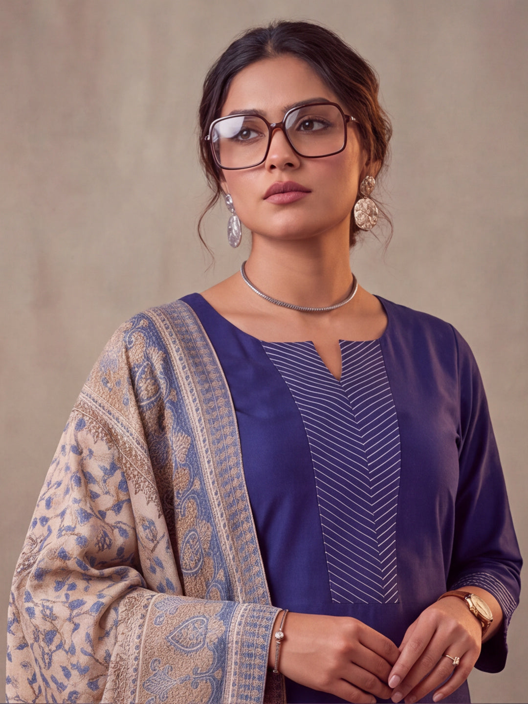 Women Embellished Navy Blue Kurta Set with Dupatta