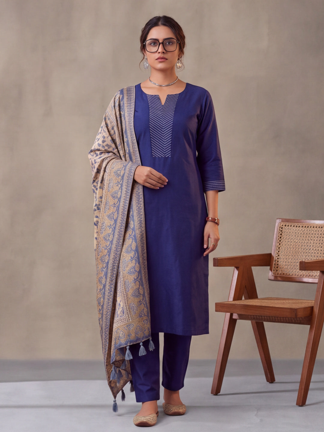 Women Embellished Navy Blue Kurta Set with Dupatta