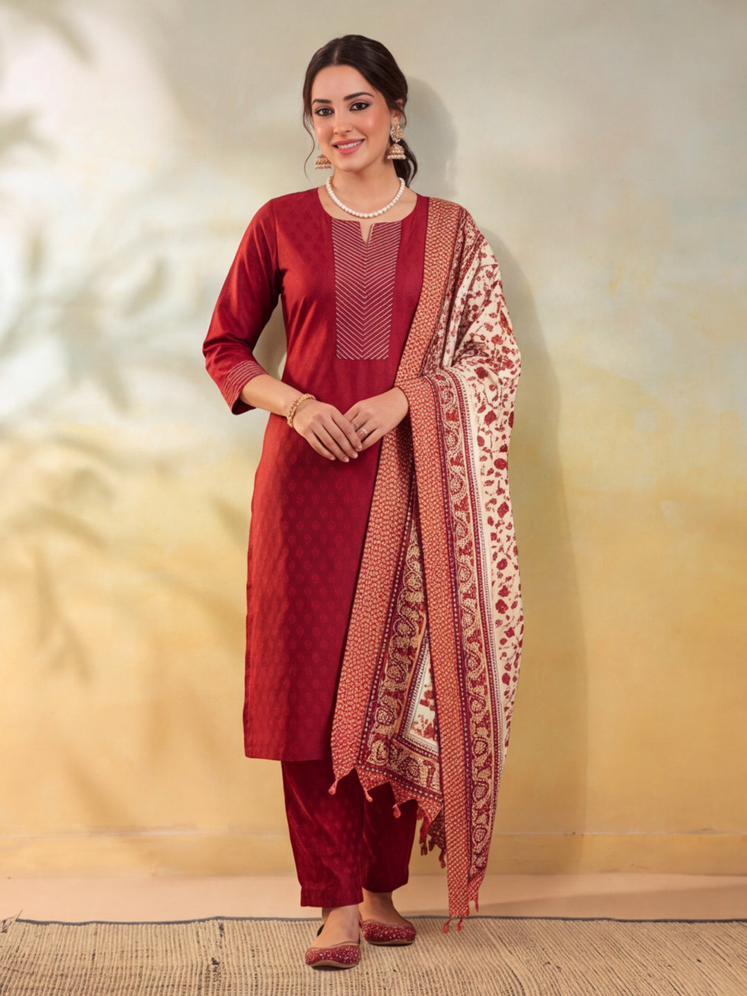 Women Embellished Maroon Kurta Set with Dupatta