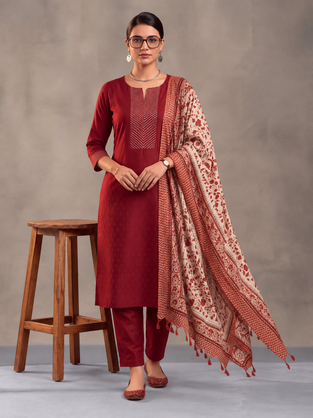 Women Embellished Maroon Kurta Set with Dupatta