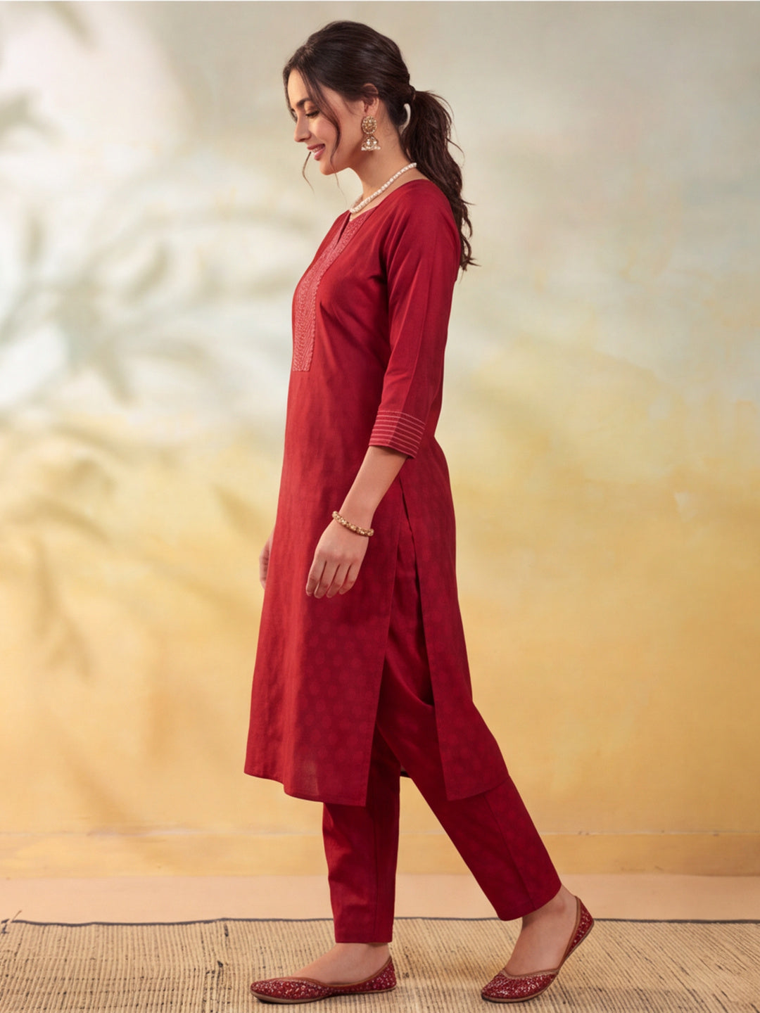 Women Embellished Maroon Kurta Set with Dupatta