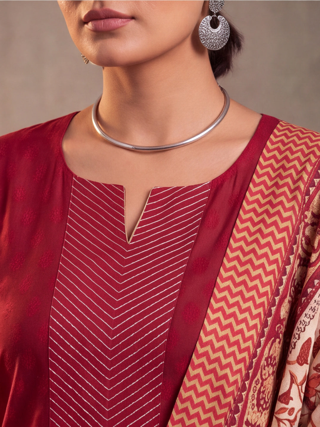 Women Embellished Maroon Kurta Set with Dupatta
