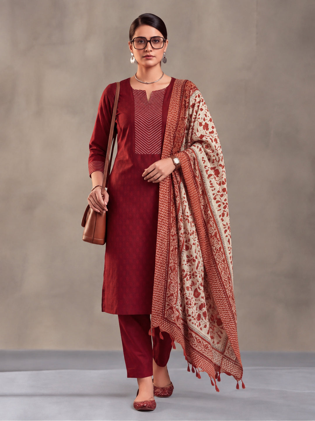Women Embellished Maroon Kurta Set with Dupatta