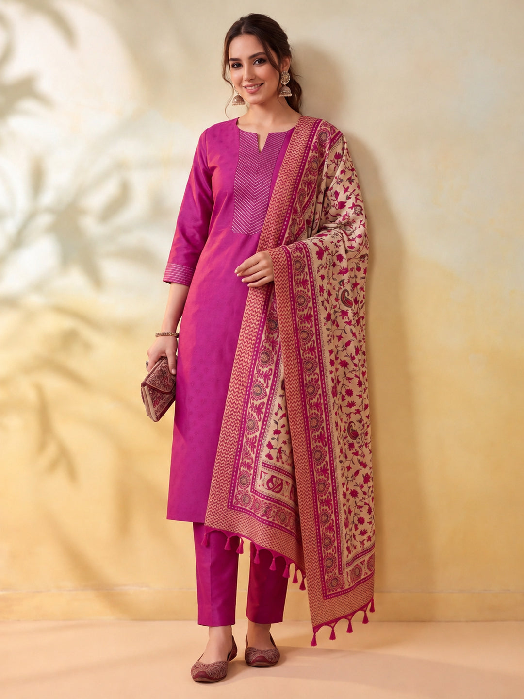 Women Embellished Rani Pink Kurta Set with Dupatta