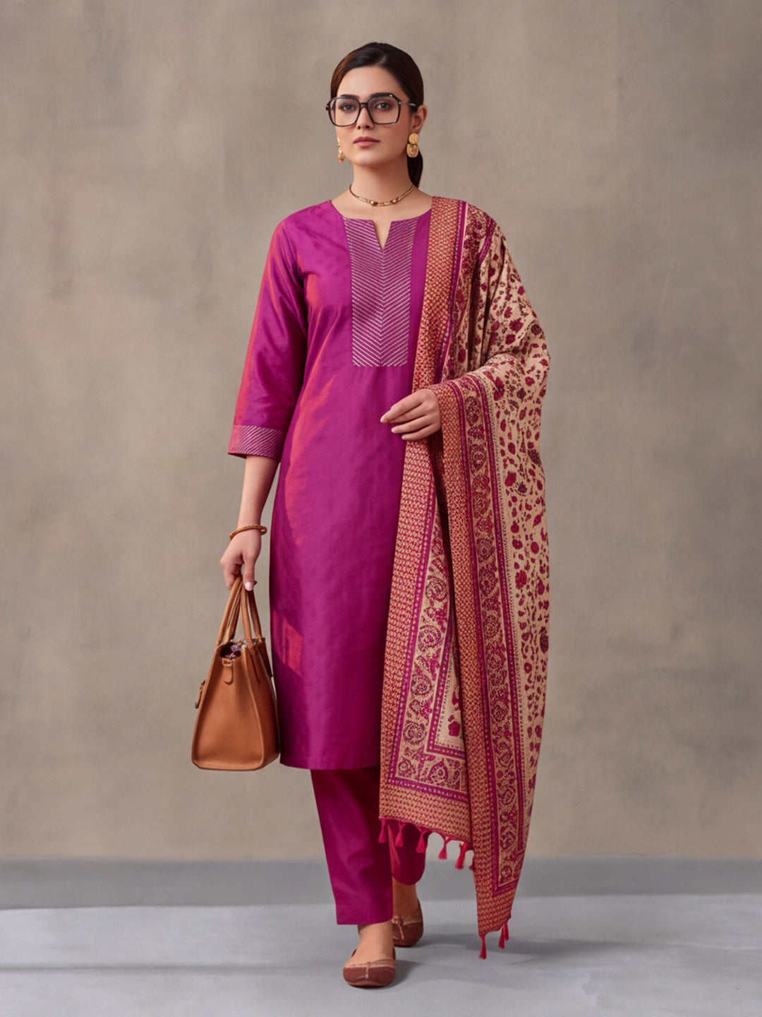 Women Embellished Rani Pink Kurta Set with Dupatta