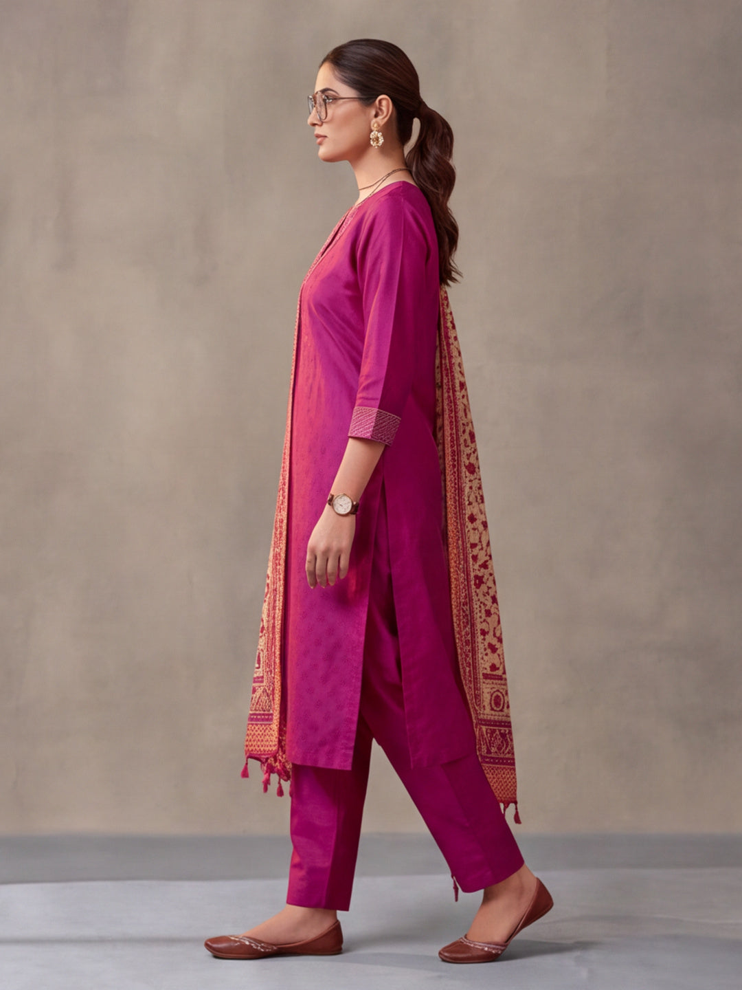 Women Embellished Rani Pink Kurta Set with Dupatta