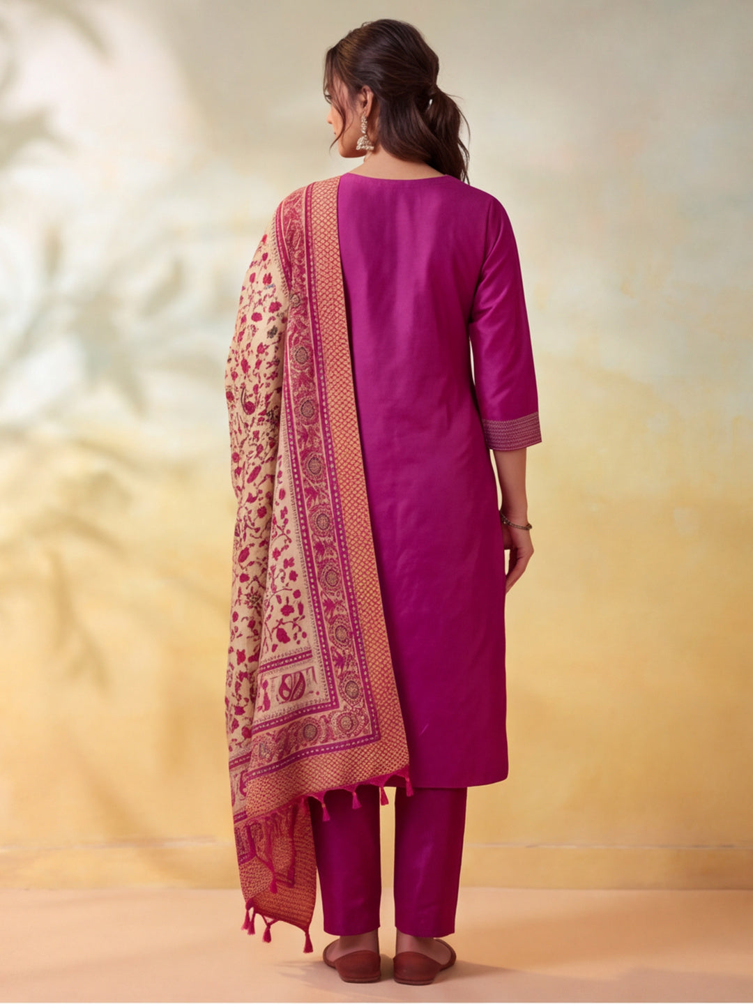 Women Embellished Rani Pink Kurta Set with Dupatta