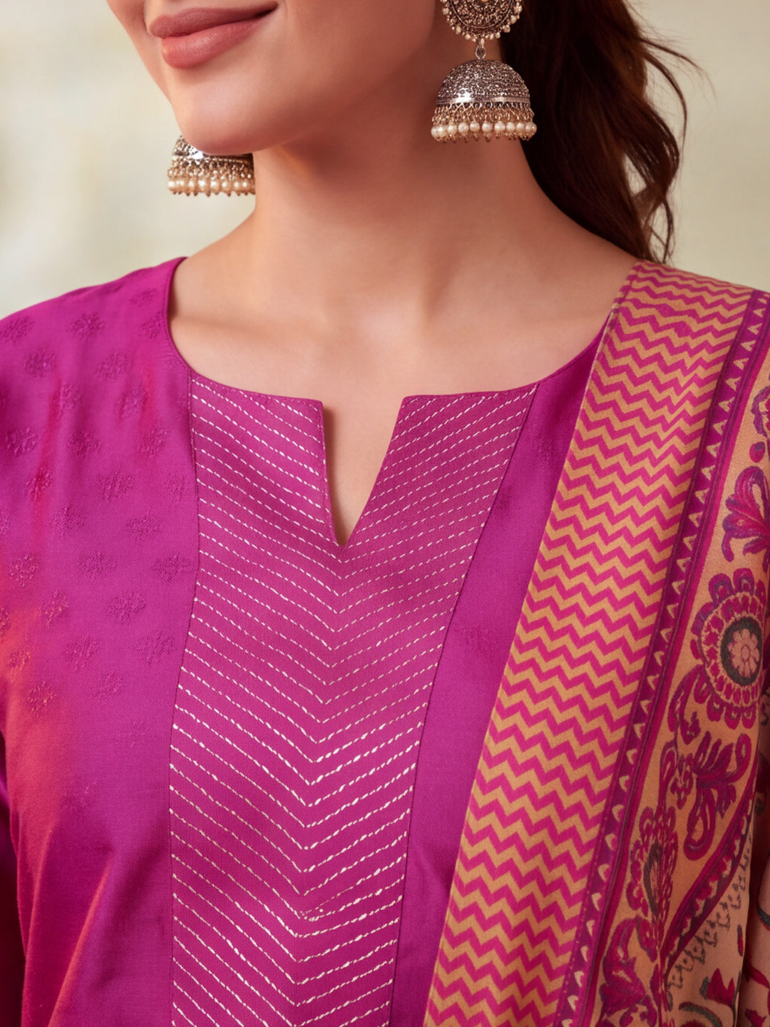 Women Embellished Rani Pink Kurta Set with Dupatta
