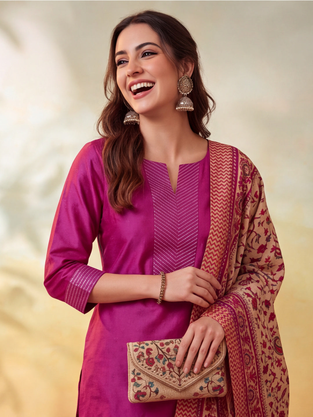 Women Embellished Rani Pink Kurta Set with Dupatta