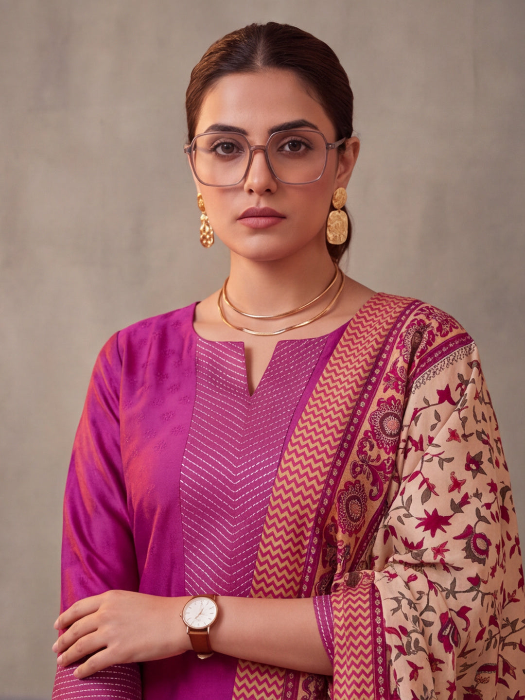 Women Embellished Rani Pink Kurta Set with Dupatta