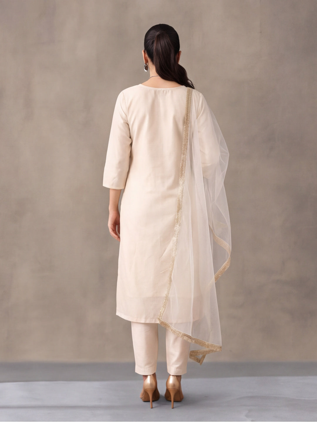 Women's Dark Off White Embroidered Kurta Set with Yellow Dupatta | Festive Straight Ethnic Suit