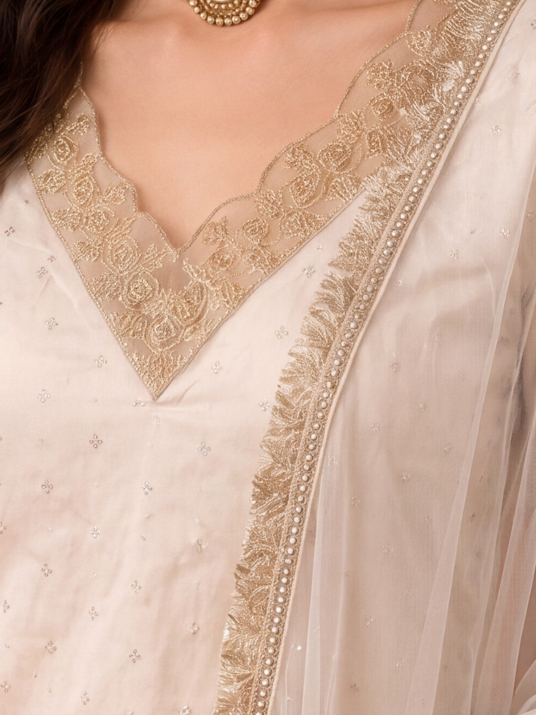 Women's Dark Off White Embroidered Kurta Set with Yellow Dupatta | Festive Straight Ethnic Suit