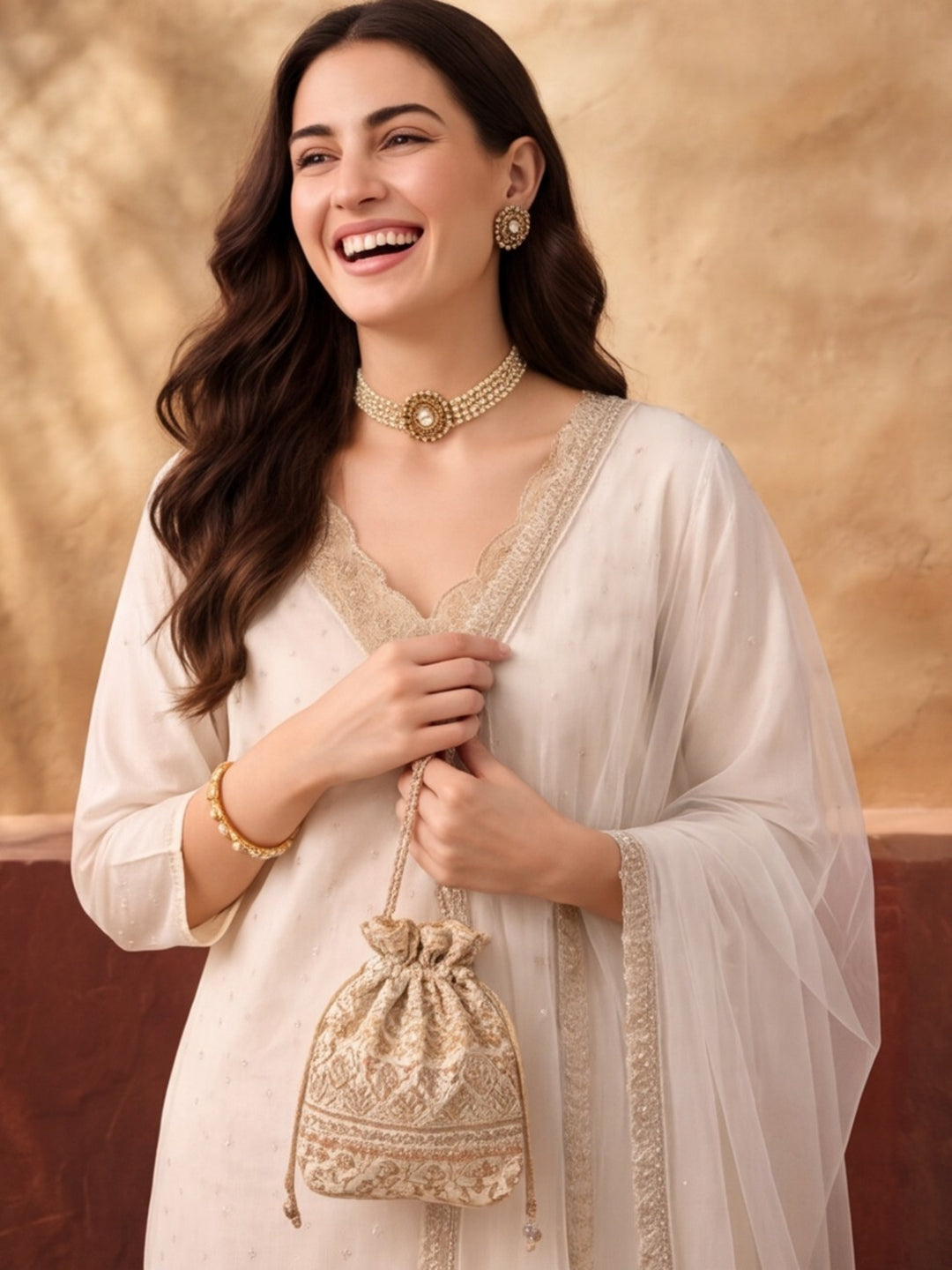 Women's Dark Off White Embroidered Kurta Set with Yellow Dupatta | Festive Straight Ethnic Suit