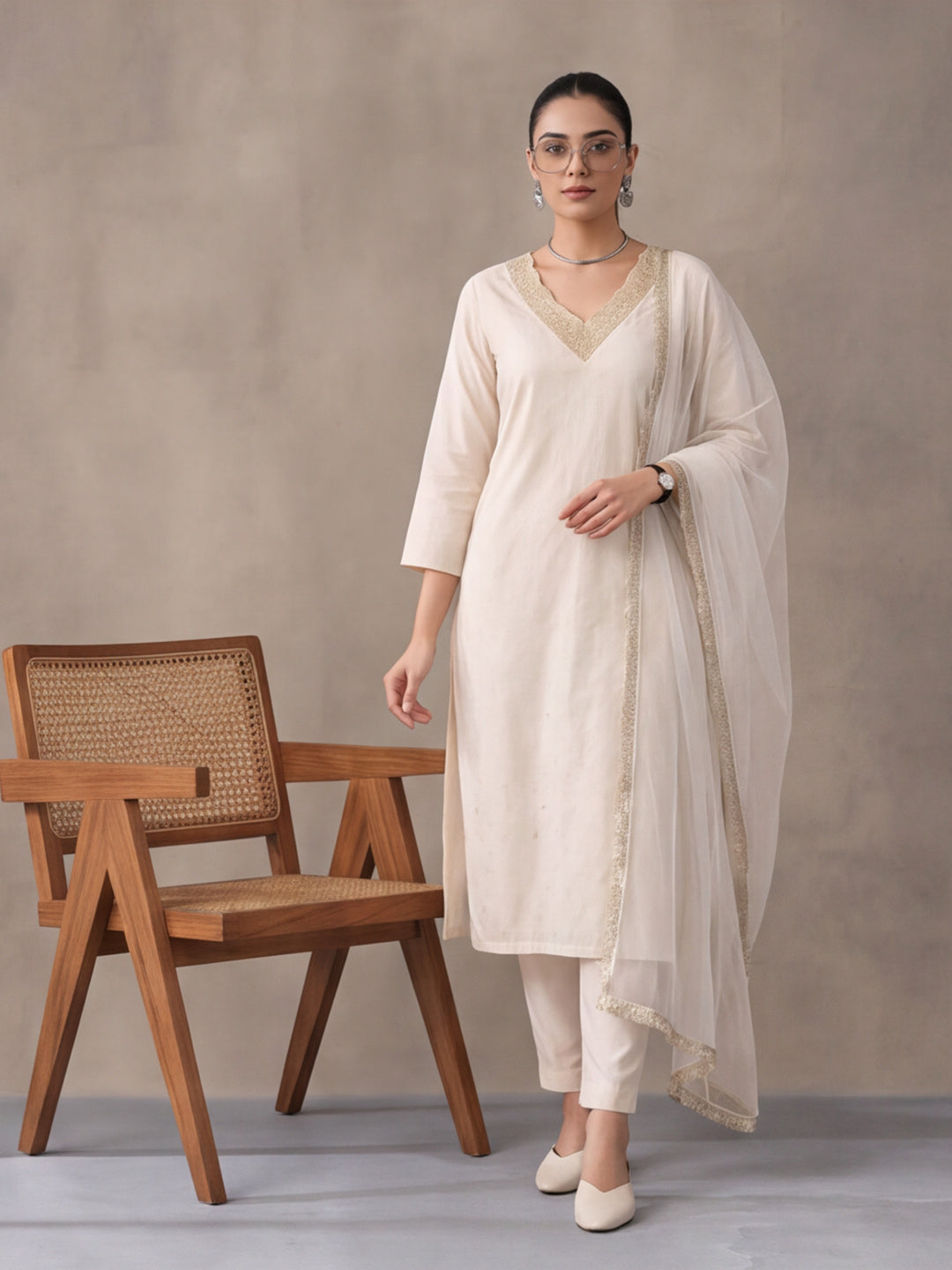 Women's Dark Off White Embroidered Kurta Set with Yellow Dupatta | Festive Straight Ethnic Suit