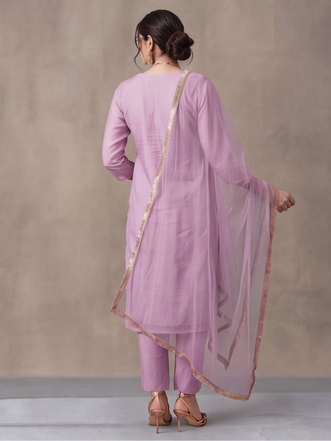 Women's Dark Baby Pink Embroidered Kurta Set with Yellow Dupatta | Festive Straight Ethnic Suit