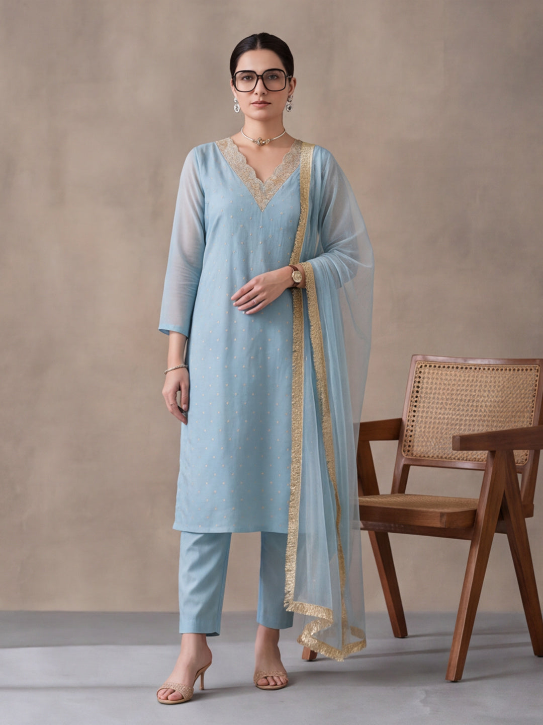 Women's Dark Sky Blue Embroidered Kurta Set with Yellow Dupatta | Festive Straight Ethnic Suit