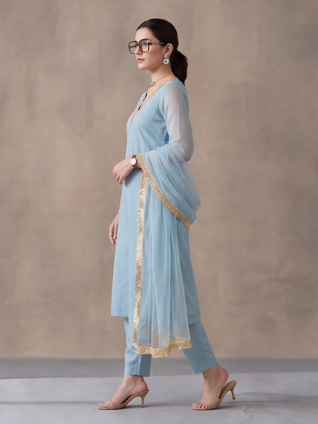 Women's Dark Sky Blue Embroidered Kurta Set with Yellow Dupatta | Festive Straight Ethnic Suit