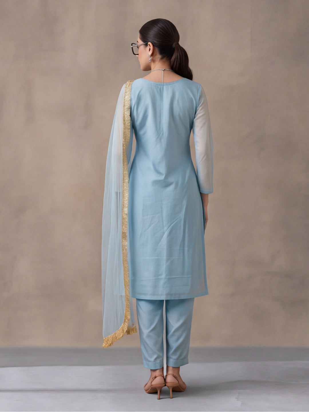 Women's Dark Sky Blue Embroidered Kurta Set with Yellow Dupatta | Festive Straight Ethnic Suit