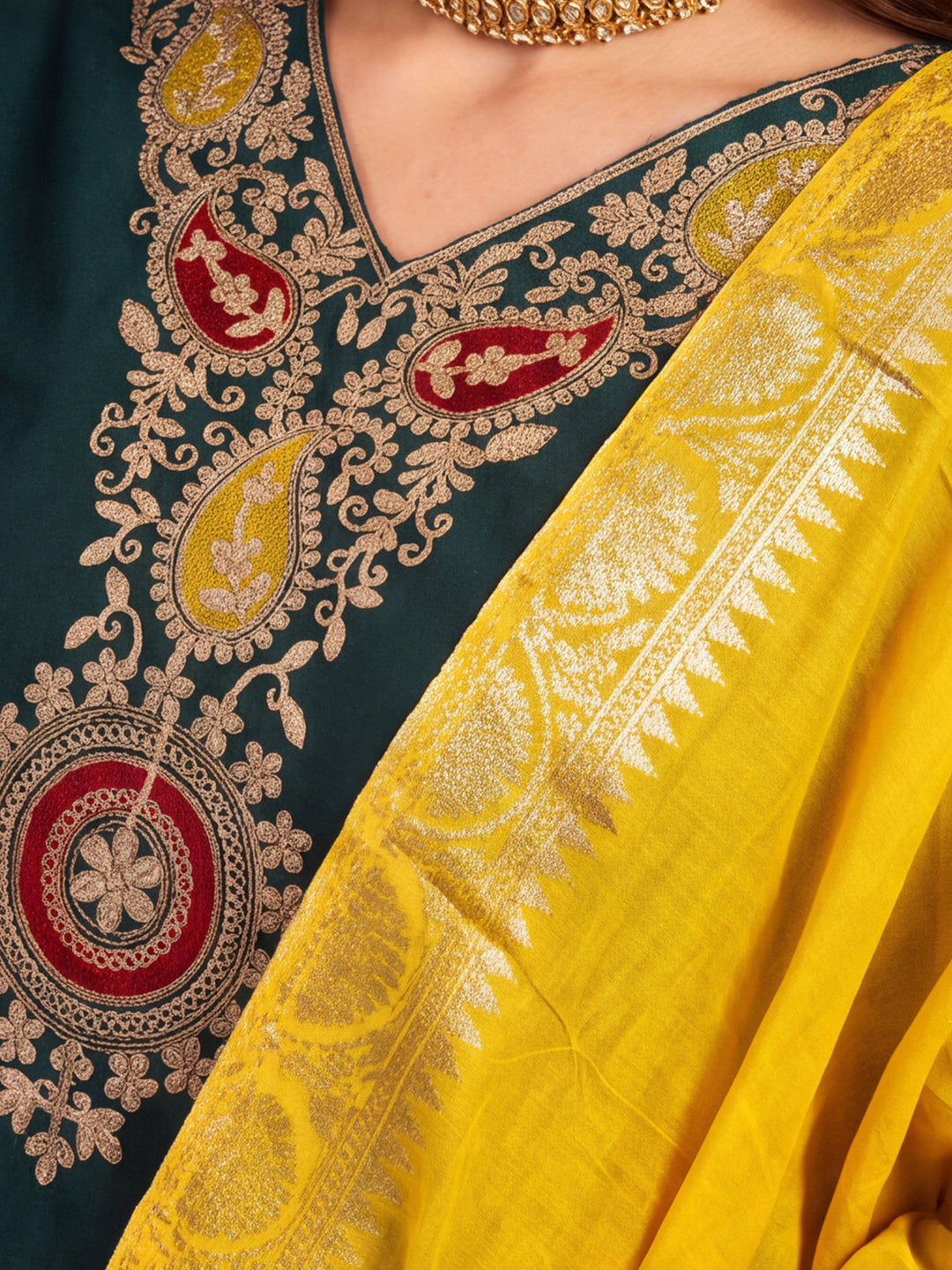 Women's Dark Green Embroidered Kurta Set with Yellow Dupatta | Festive Straight Ethnic Suit