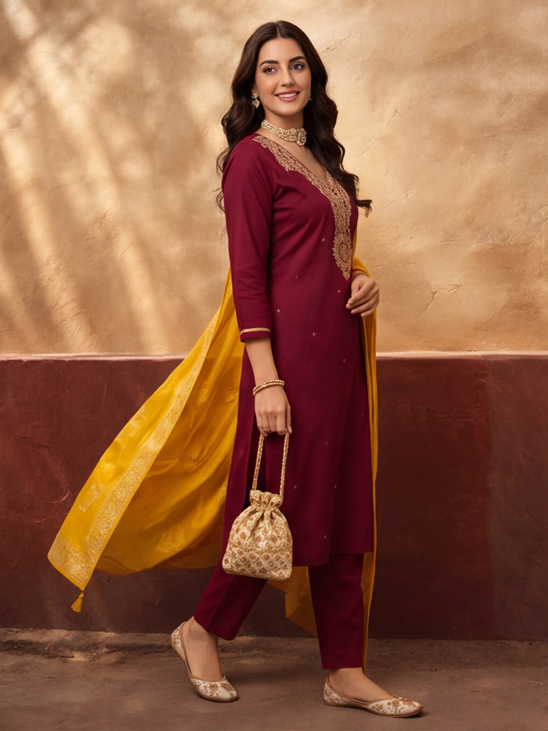 Women's Dark Maroon Embroidered Kurta Set with Yellow Dupatta | Festive Straight Ethnic Suit