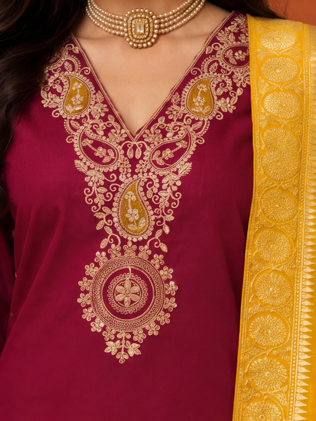 Women's Dark Maroon Embroidered Kurta Set with Yellow Dupatta | Festive Straight Ethnic Suit