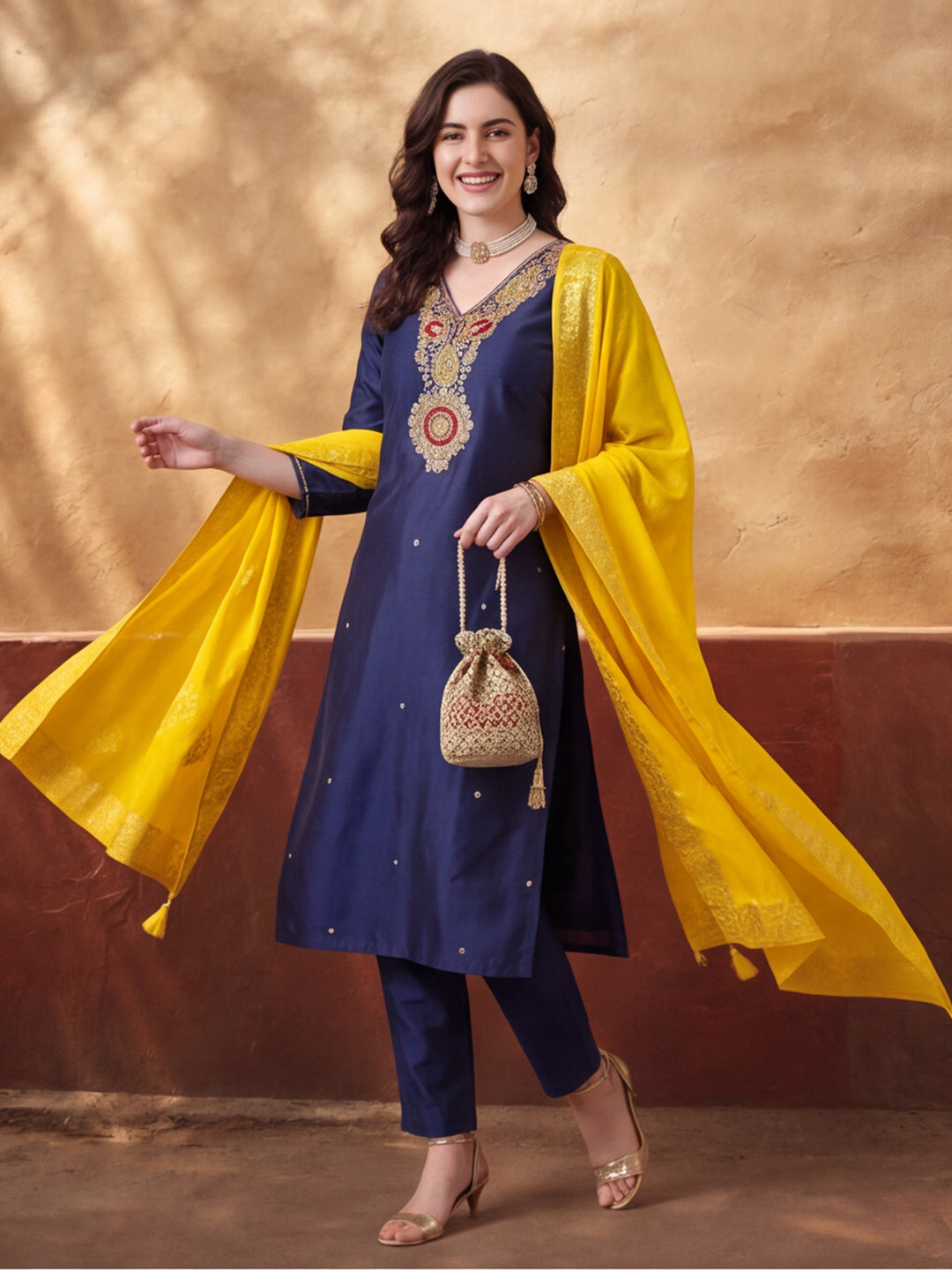 Women's Dark Navy Blue Embroidered Kurta Set with Yellow Dupatta | Festive Straight Ethnic Suit