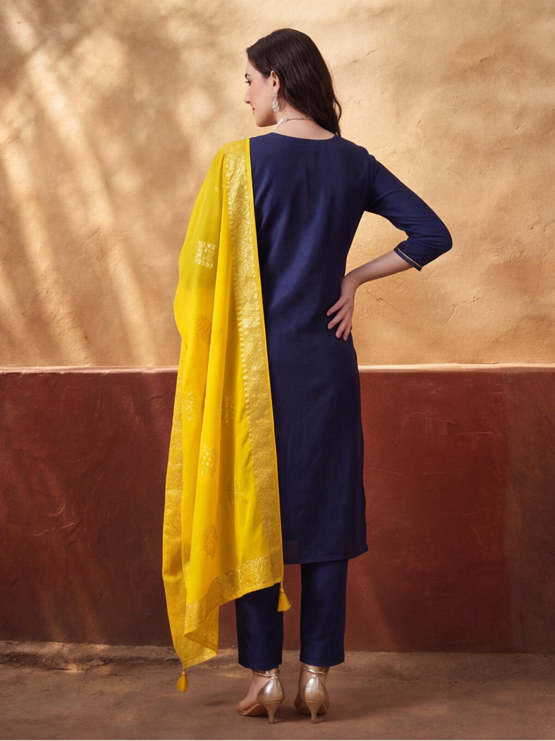 Women's Dark Navy Blue Embroidered Kurta Set with Yellow Dupatta | Festive Straight Ethnic Suit