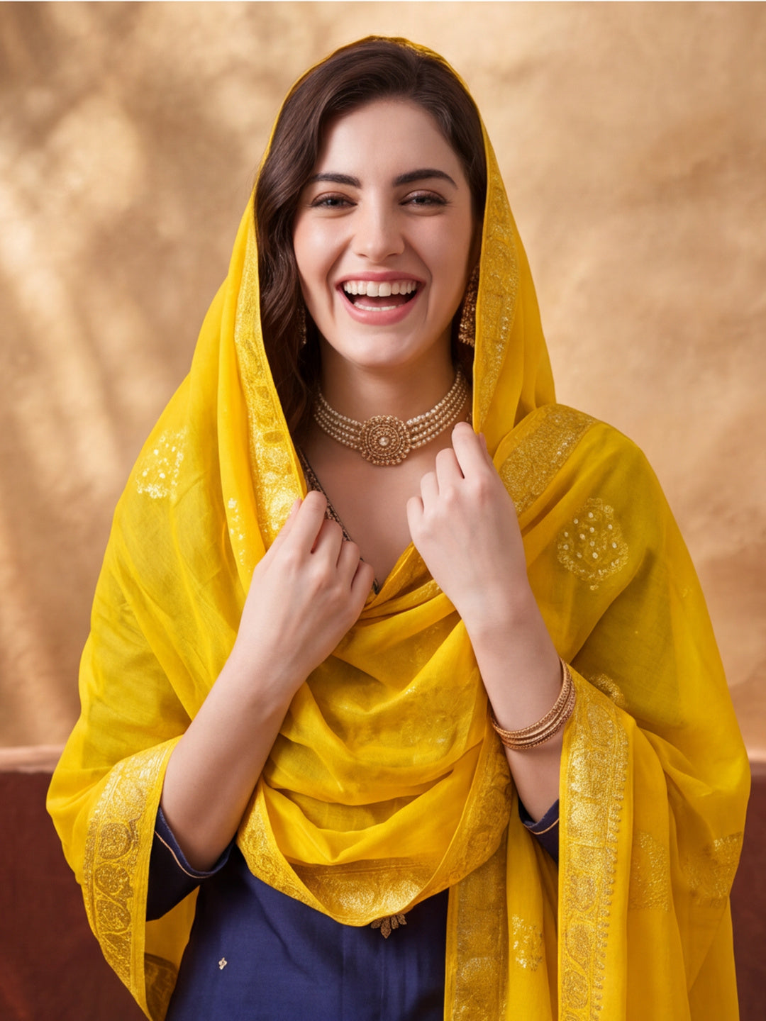 Women's Dark Navy Blue Embroidered Kurta Set with Yellow Dupatta | Festive Straight Ethnic Suit
