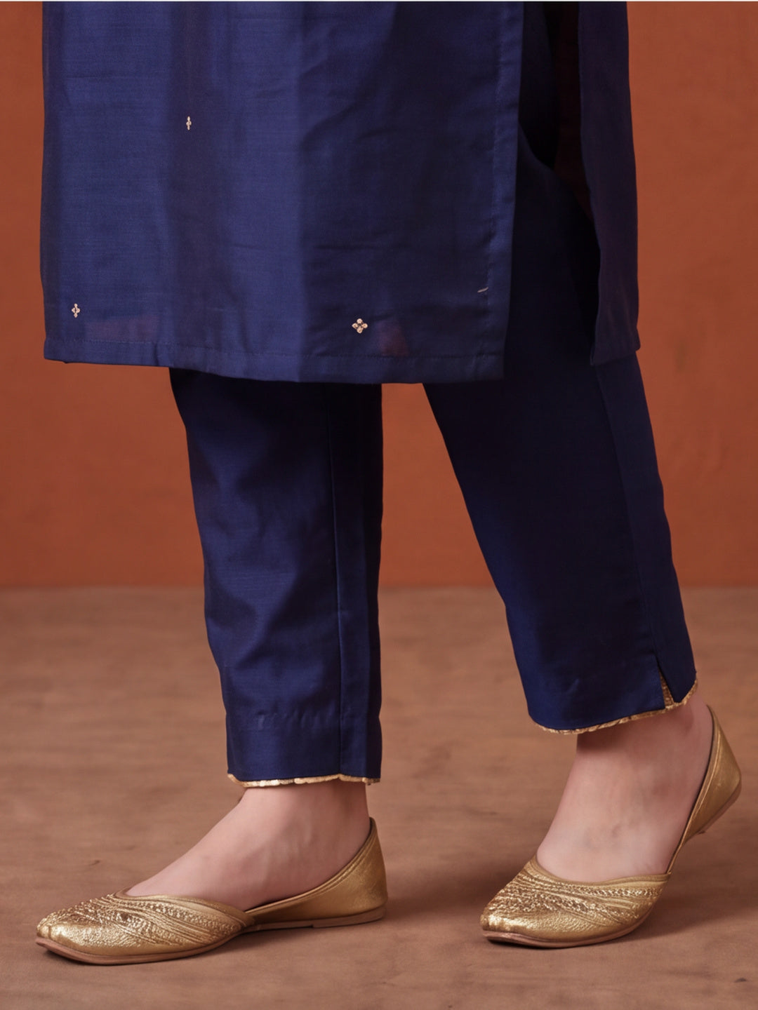 Women's Dark Navy Blue Embroidered Kurta Set with Yellow Dupatta | Festive Straight Ethnic Suit
