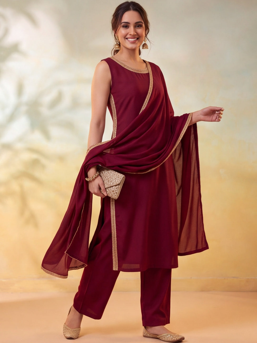 Women Embellished Maroon Kurta Set