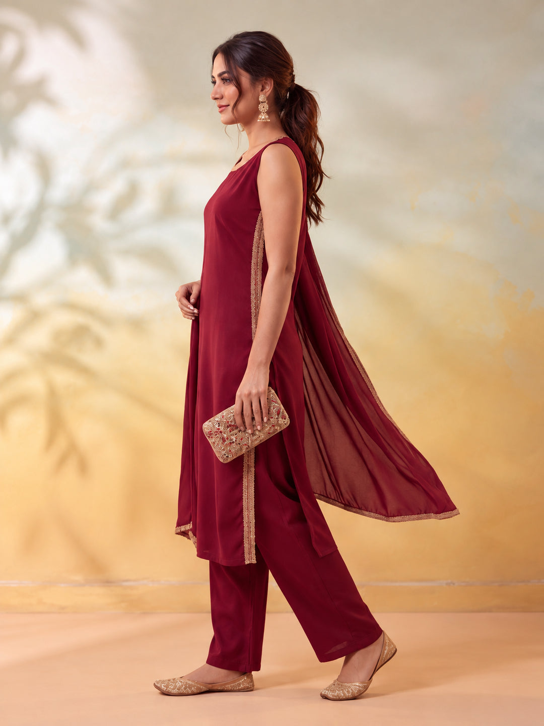 Women Embellished Maroon Kurta Set