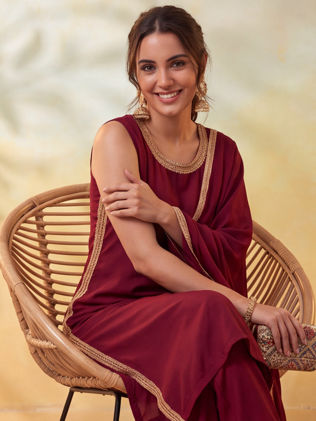 Women Embellished Maroon Kurta Set