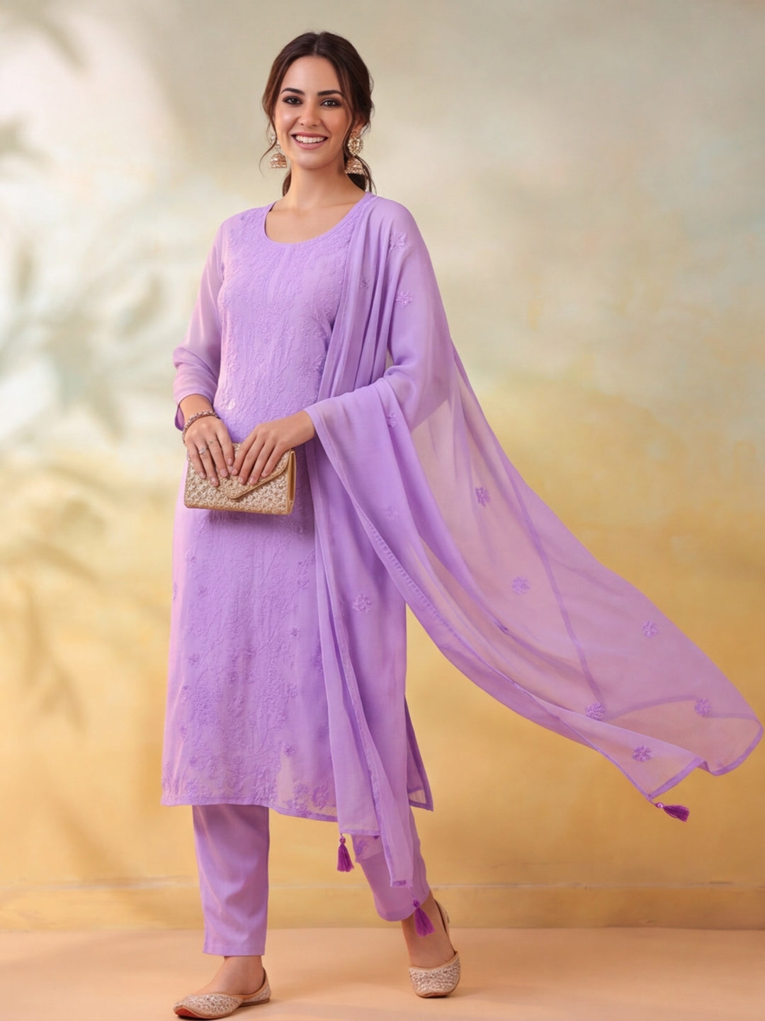 Women Textured Lavender Kurta Set with Dupatta