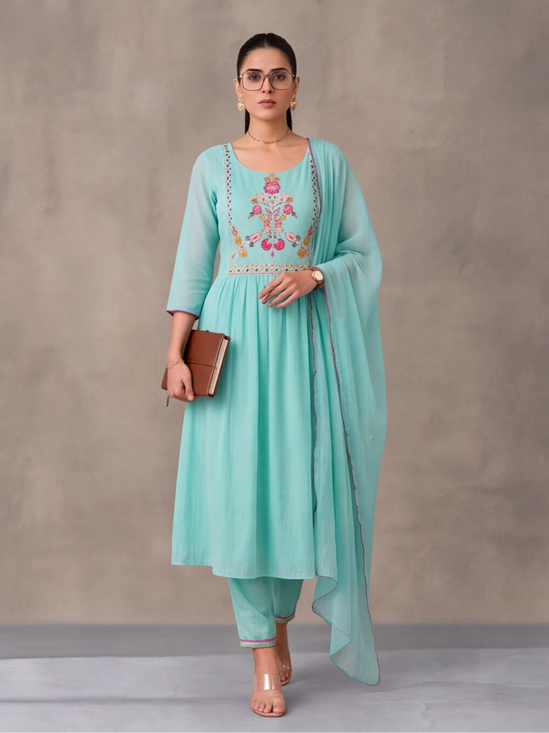 Women's Mint Green Embroidered Anarkali Kurta Set with Dupatta | Festive Ethnic Suit
