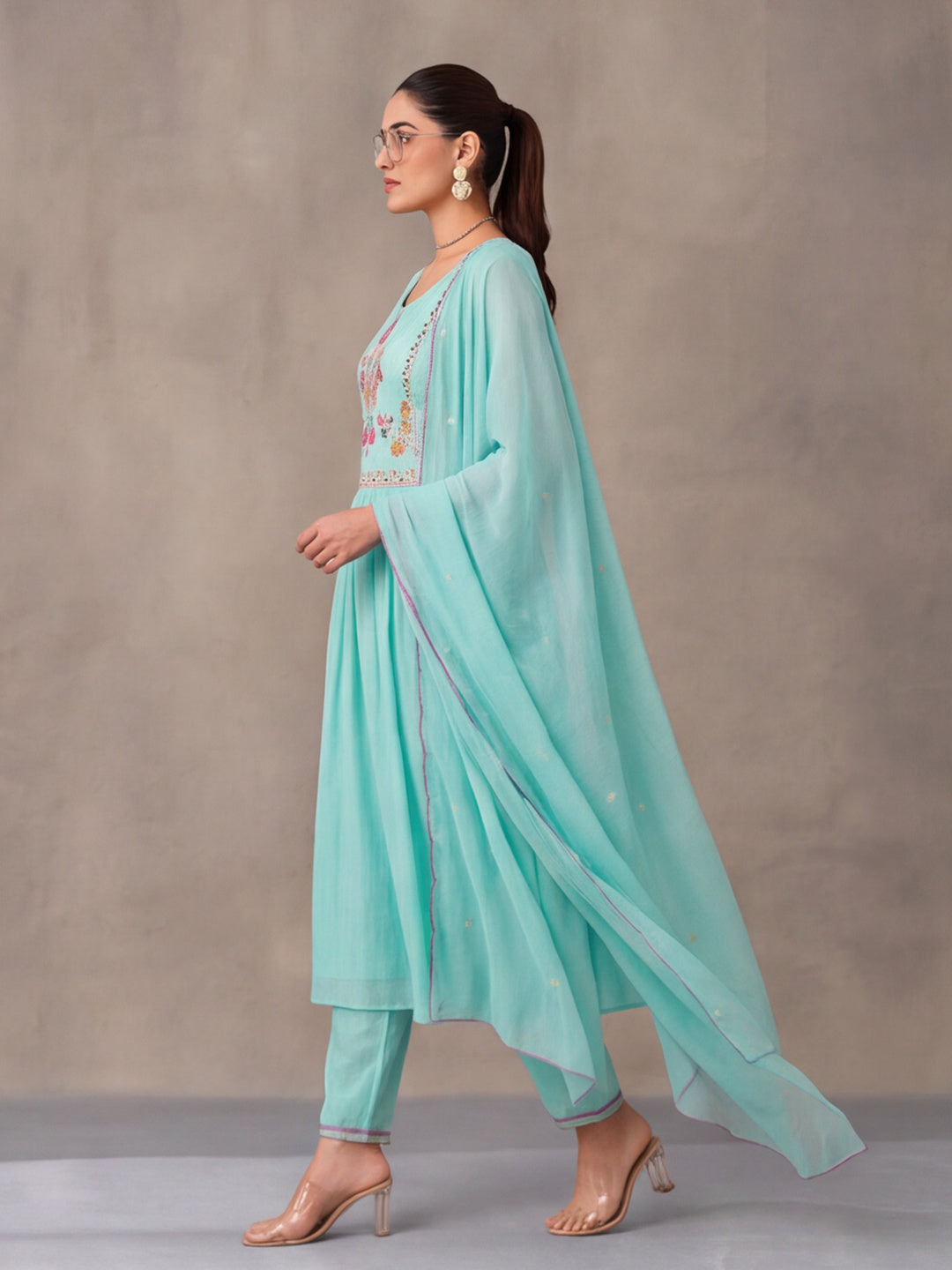 Women's Mint Green Embroidered Anarkali Kurta Set with Dupatta | Festive Ethnic Suit